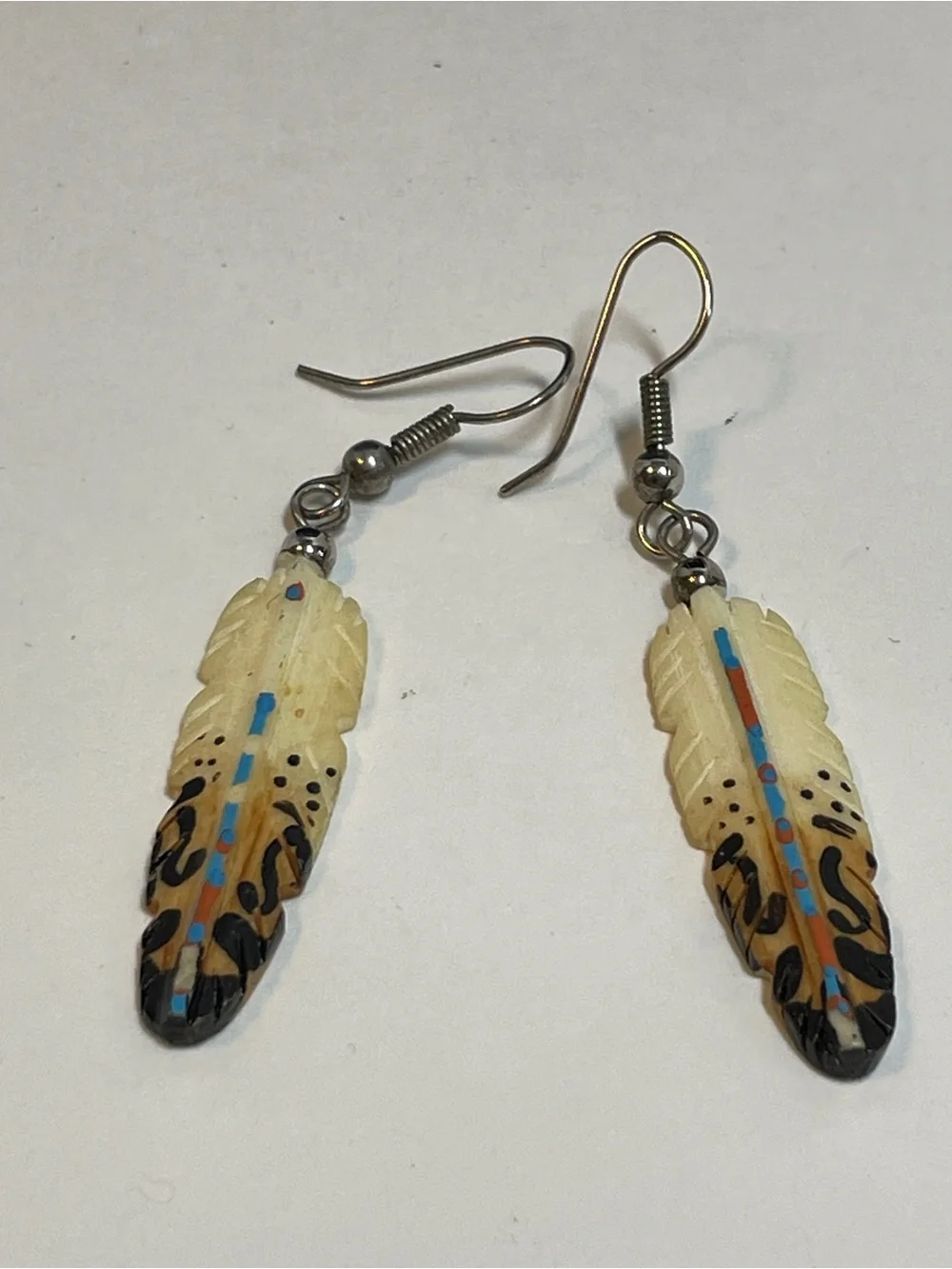 Hand-Painted Carved Feather Dangle Earrings w/ Beads Native Style